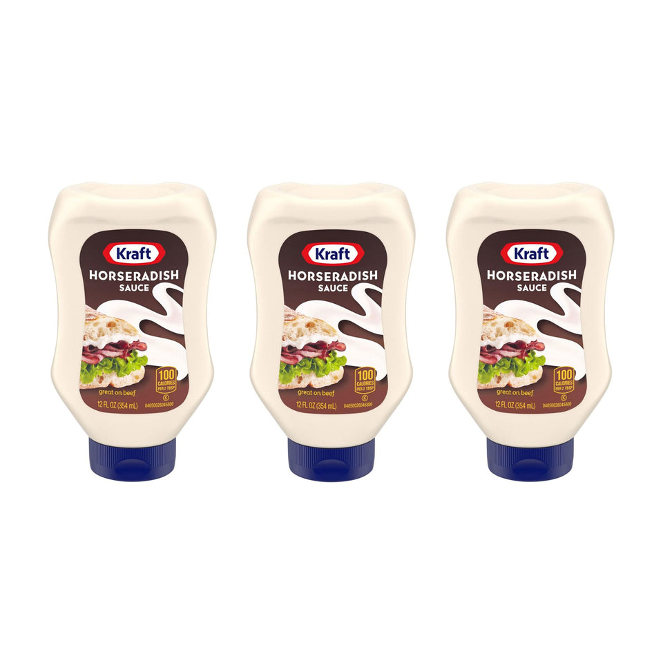 Kraft Horseradish Sauce 12oz squeeze bottle three-pack, ideal for bold sandwiches and dips