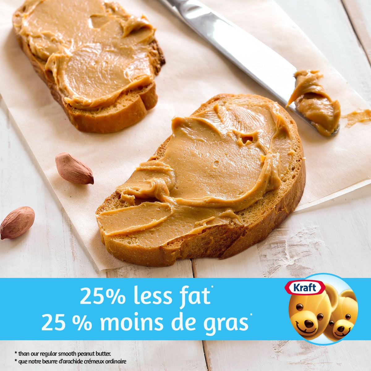 KRAFT Light Smooth Peanut Butter in bowl, ideal for smoothies and dips.