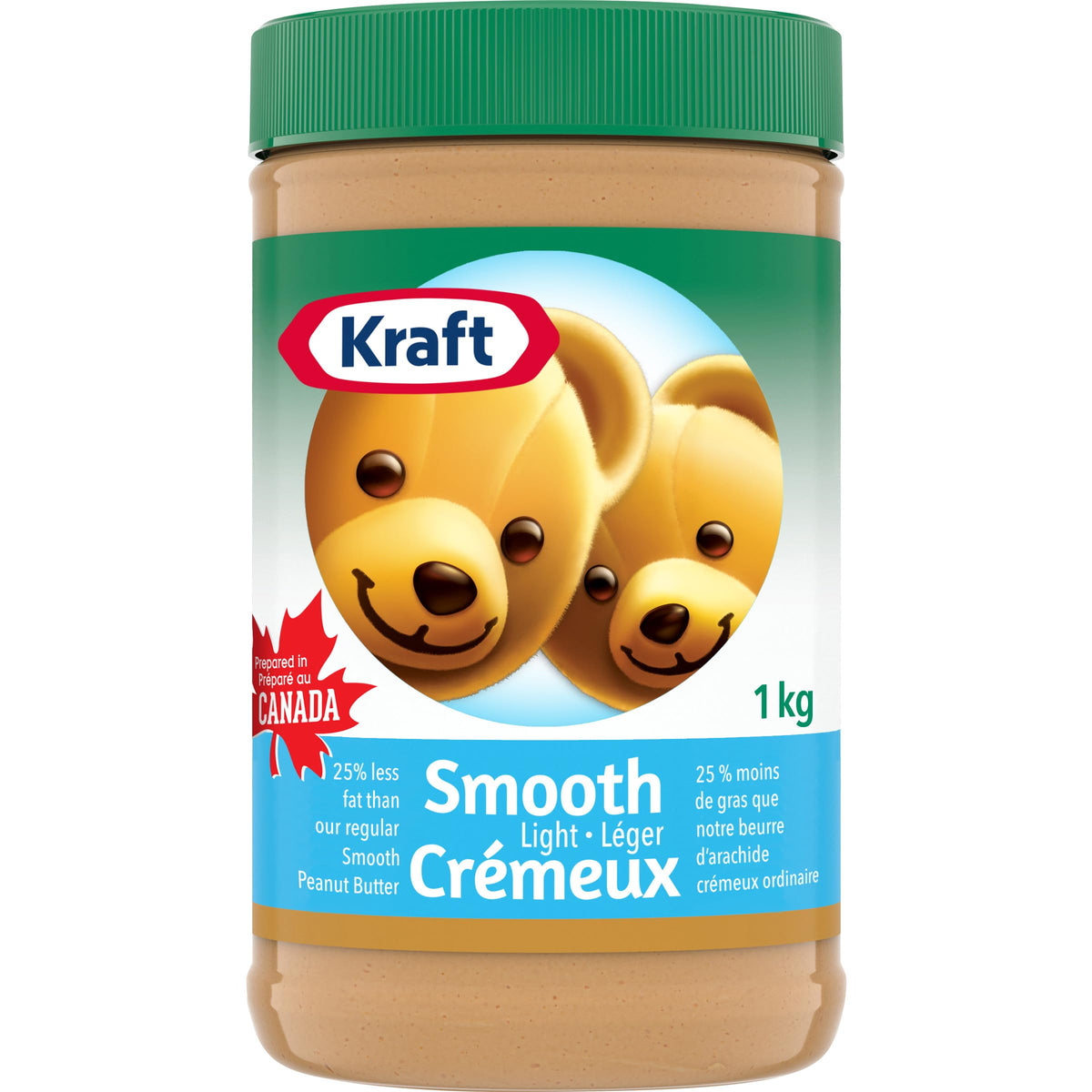 KRAFT Light Smooth Peanut Butter jar on counter, creamy spread ready for everyday use.