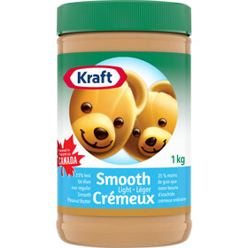 KRAFT Light Smooth Peanut Butter jar on counter, creamy spread ready for everyday use.