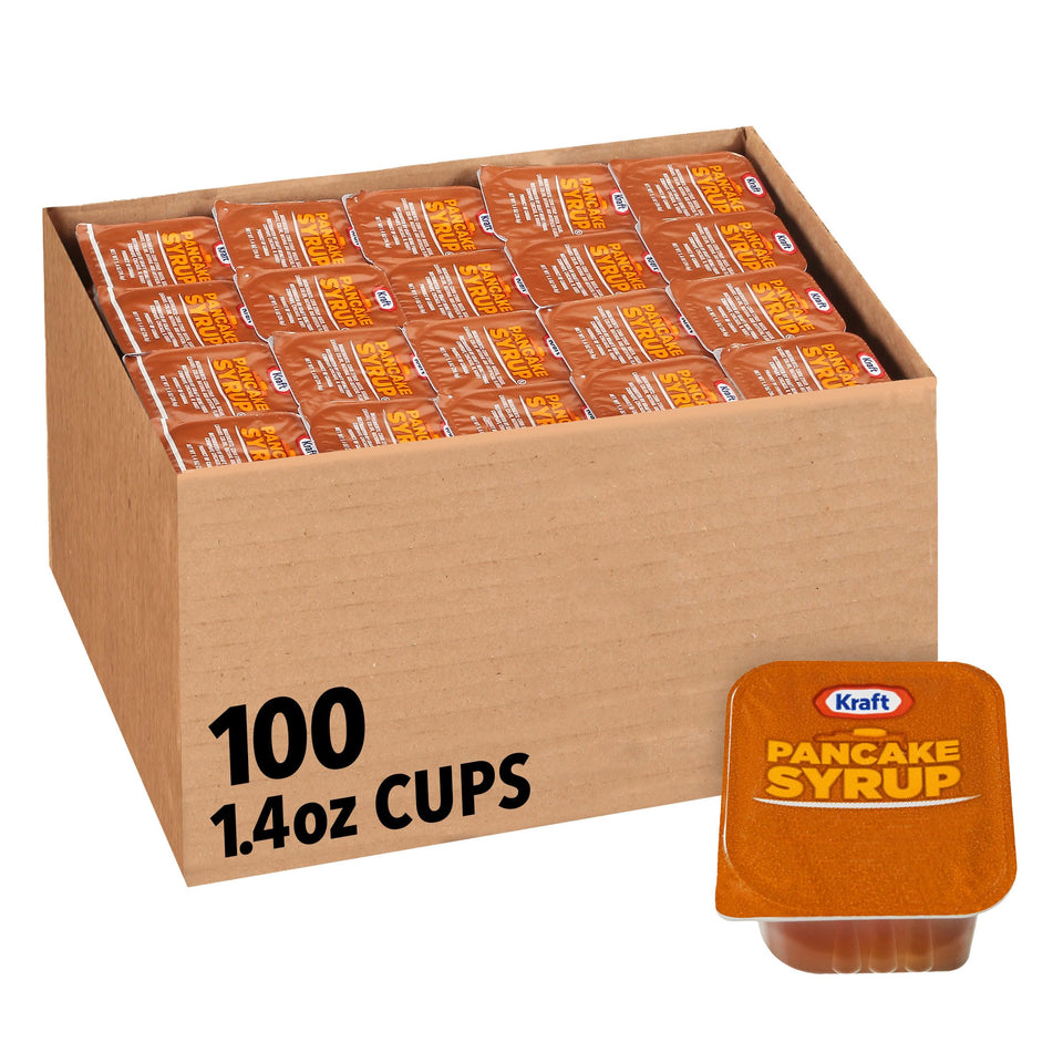 Kraft Pancake Syrup single-serve dip cups, front view, convenient portion control for breakfasts.