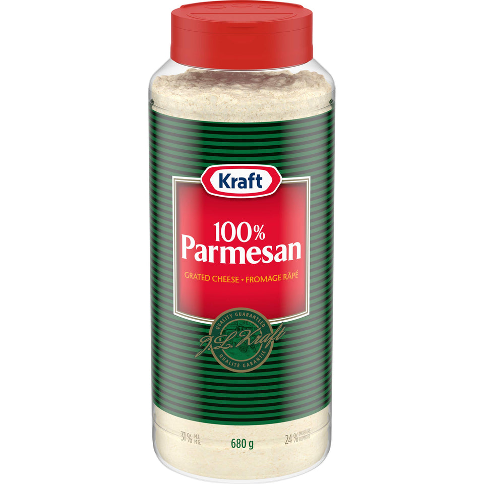 Kraft 100% Parmesan grated 680g packaging, a convenient pantry staple for quick weeknight meals.