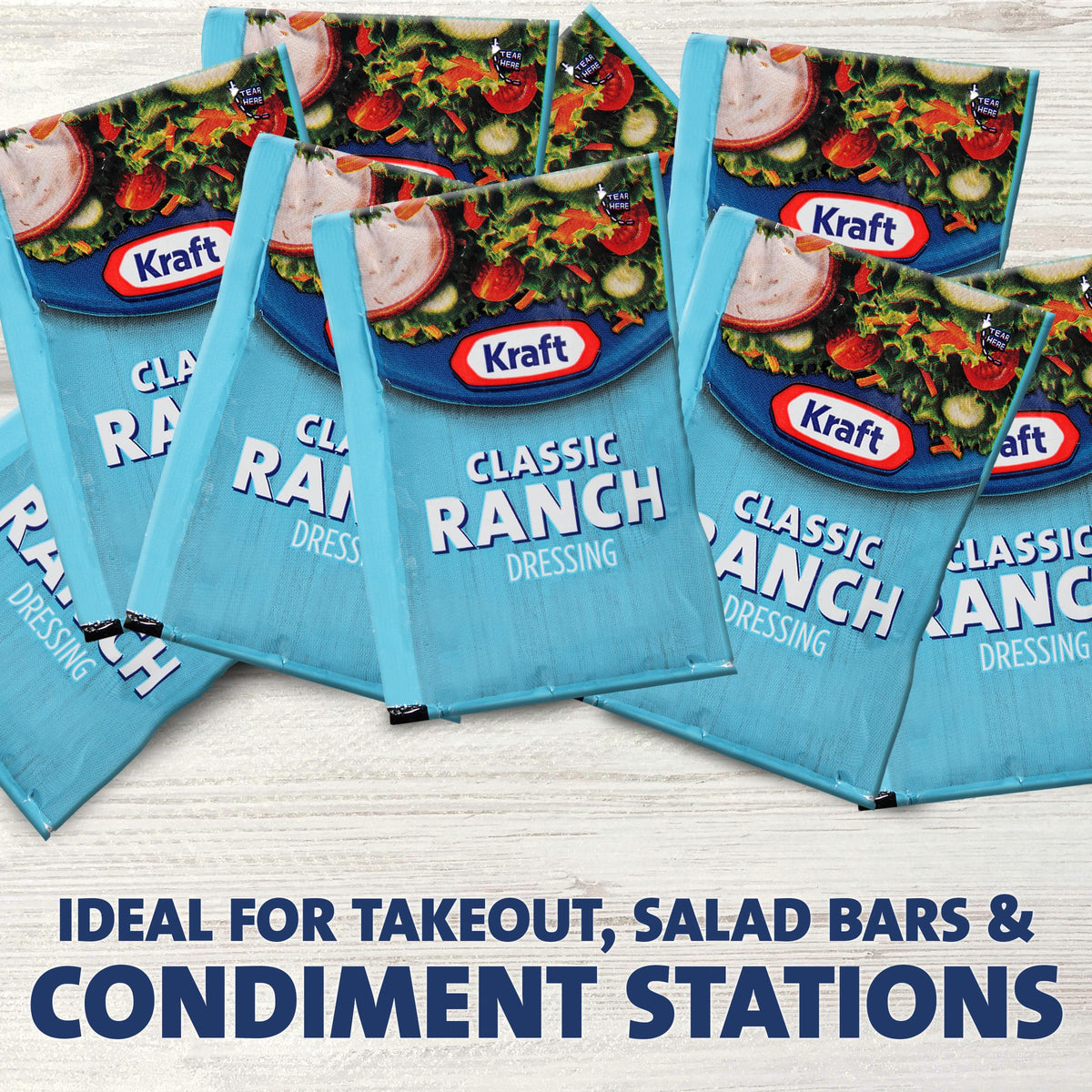 Tear-open Kraft Ranch dressing packet designed for clean, easy use