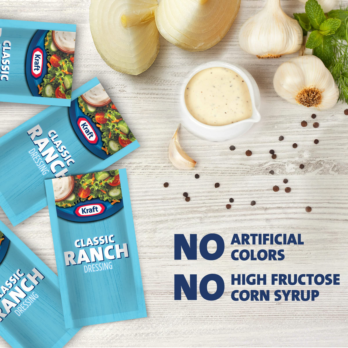 Kraft Ranch dressing pour close-up emphasizes smooth pour for controlled servings.
