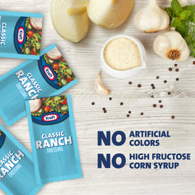 Kraft Ranch dressing pour close-up emphasizes smooth pour for controlled servings.