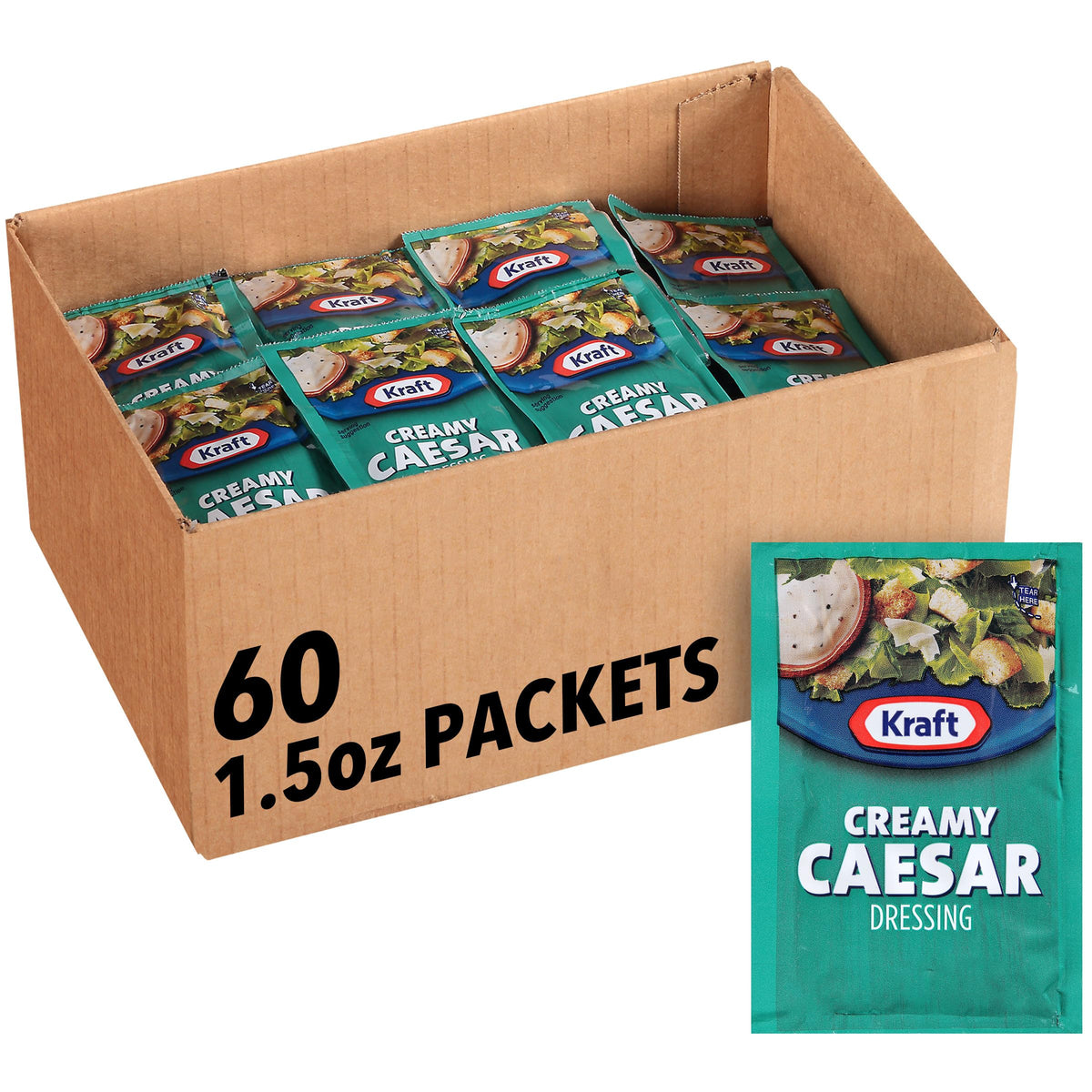 Kraft Signature Creamy Caesar dressing single-serve packets for easy meal prep.