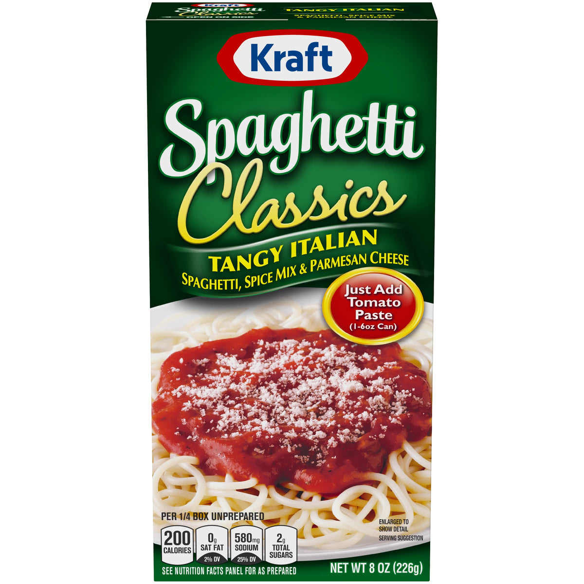 Kraft Spaghetti Classics box front with tangy Italian kit for quick weeknight meals.