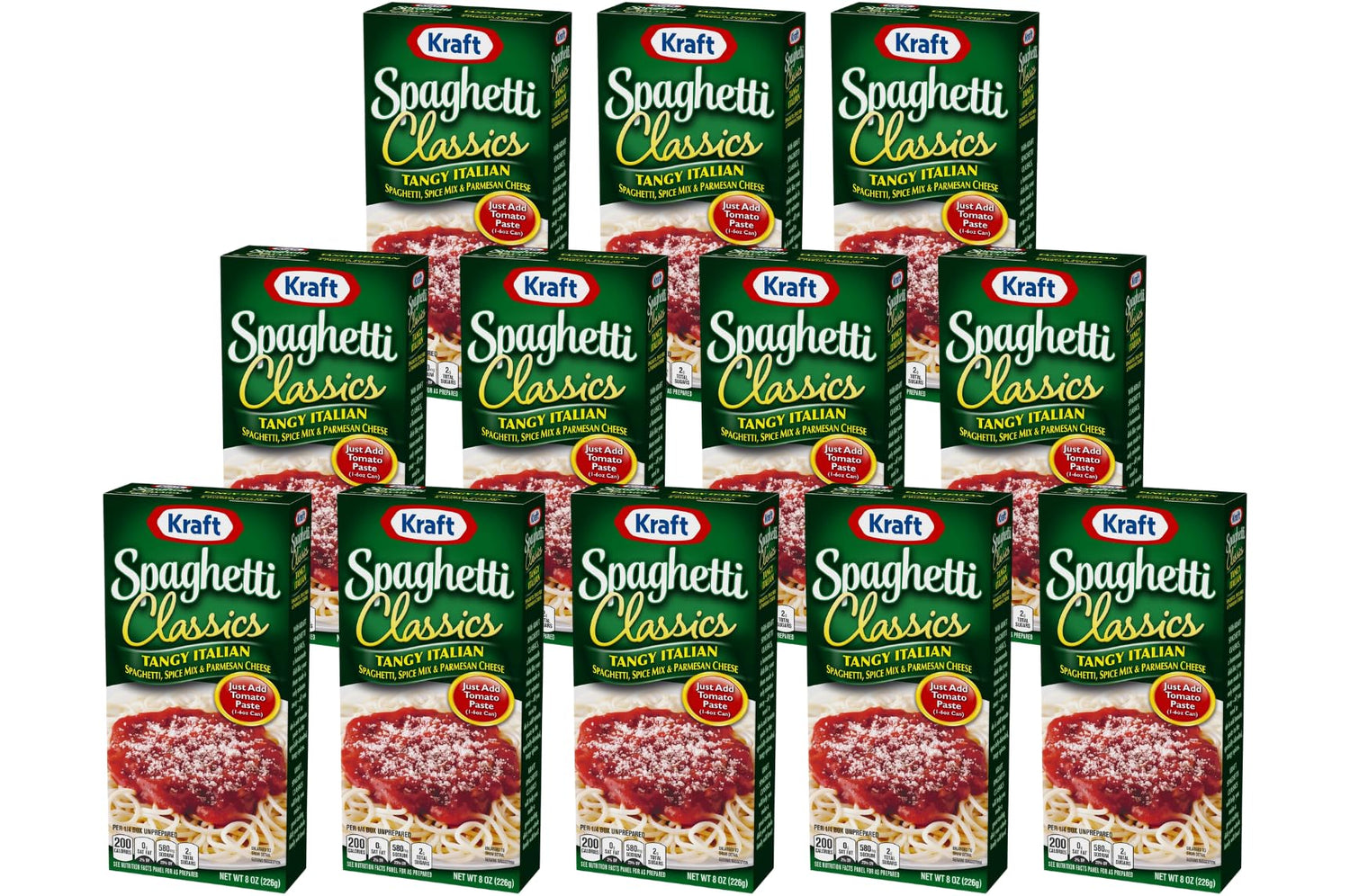 Kraft Spaghetti Classics Tangy Italian box front shows a quick, family-friendly dinner option.