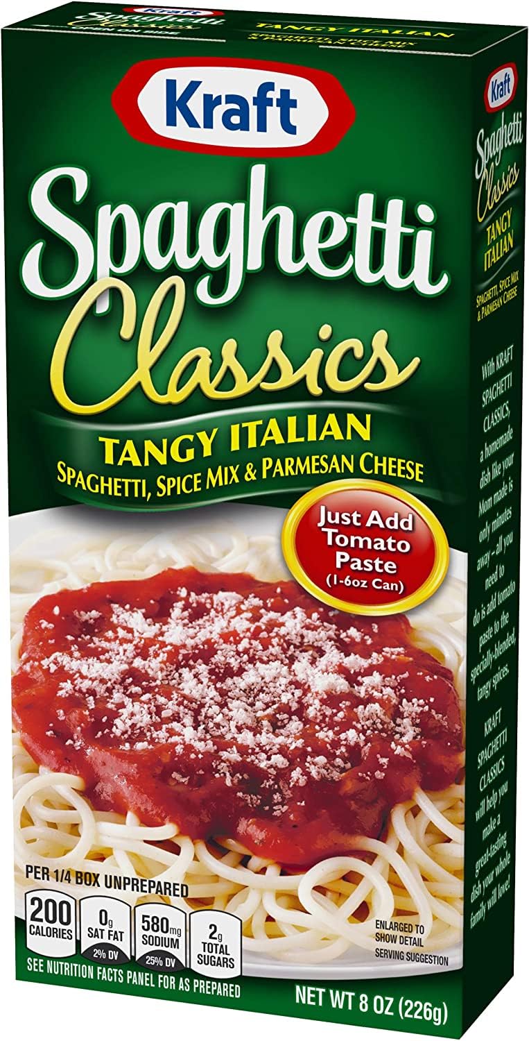 Kraft Spaghetti Classics Tangy Italian family dinner setup shows four servings per box.
