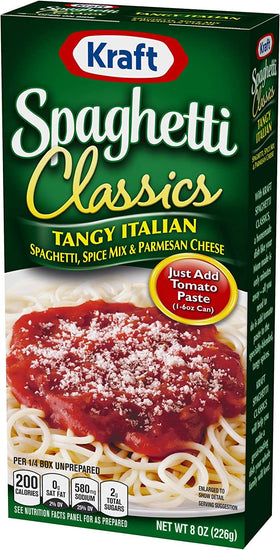 Kraft Spaghetti Classics Tangy Italian family dinner setup shows four servings per box.