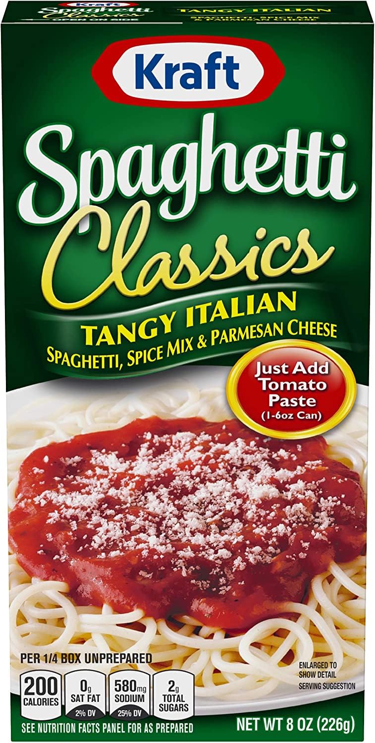 Kraft Spaghetti Classics Tangy Italian parmesan cheese included, adding cheesy richness to weeknight meals.