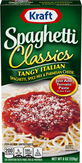 Kraft Spaghetti Classics Tangy Italian parmesan cheese included, adding cheesy richness to weeknight meals.