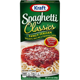 Kraft Spaghetti Classics Tangy Italian spice blend packet visible, enabling easy flavor customization.