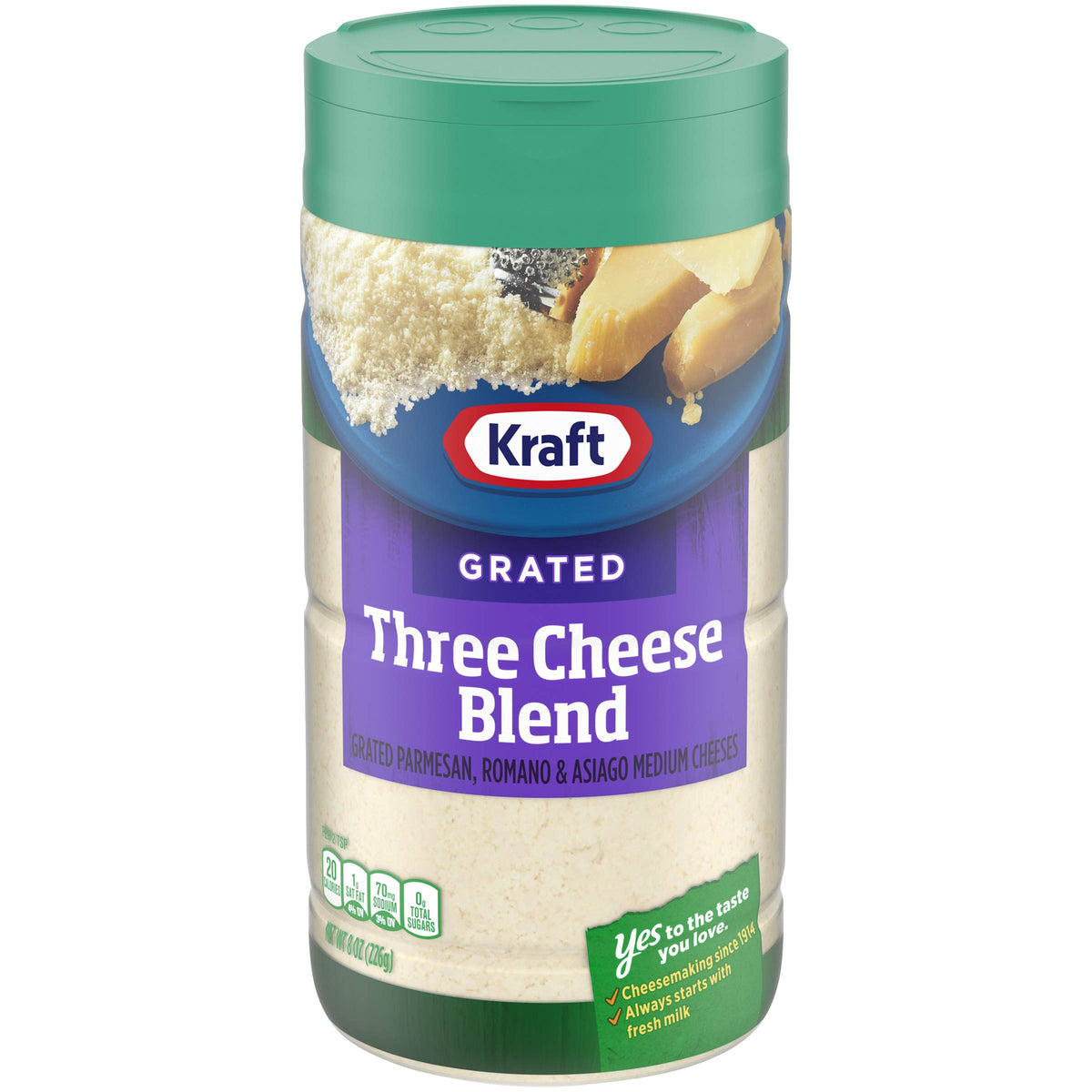 Kraft Three Cheese Blend canister 8 oz, a bold topping for pizzas, pastas, and soups.