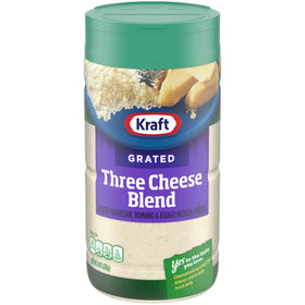 Kraft Three Cheese Blend canister 8 oz, a bold topping for pizzas, pastas, and soups.