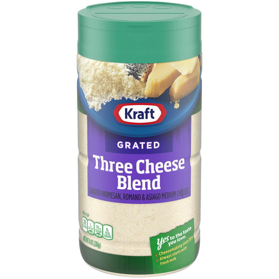 Kraft Three Cheese Blend canister 8 oz, a bold topping for pizzas, pastas, and soups.