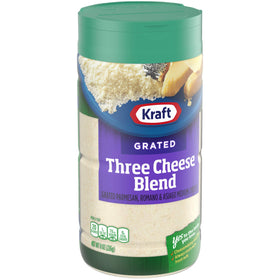 Kraft Three Cheese Blend dual-flap top, easy to dispense on salads and casseroles.