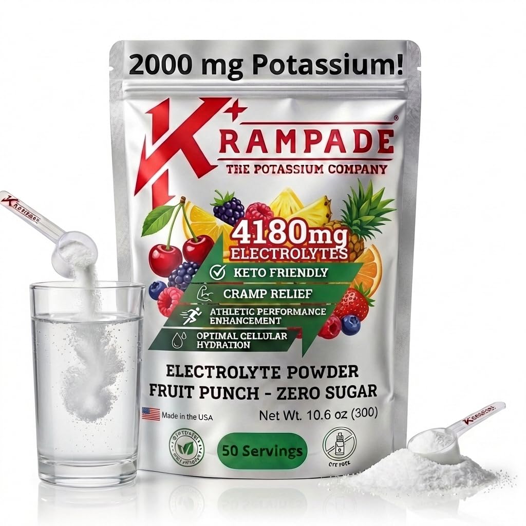 Krampade Fruit Punch powder in tub, rich in electrolytes.