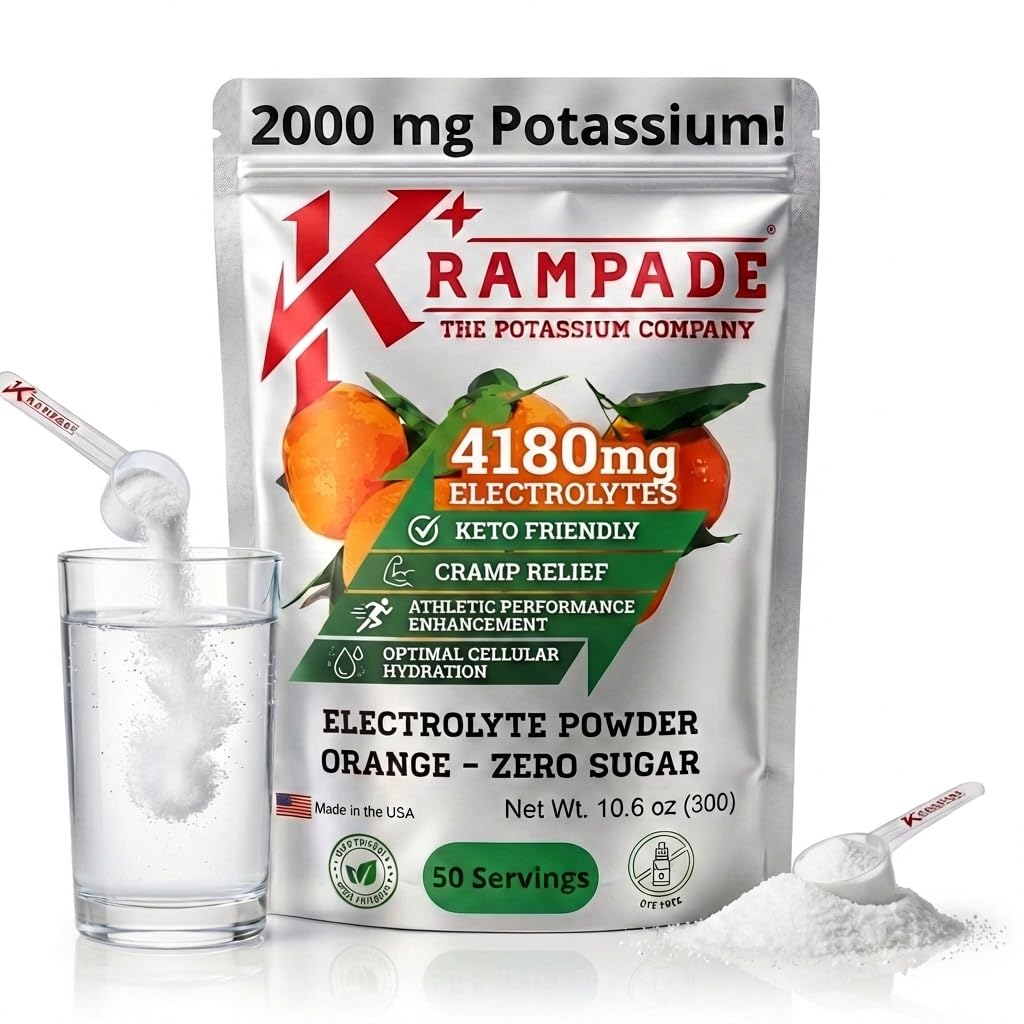 Krampade orange powder tub showing high-potassium hydration benefits