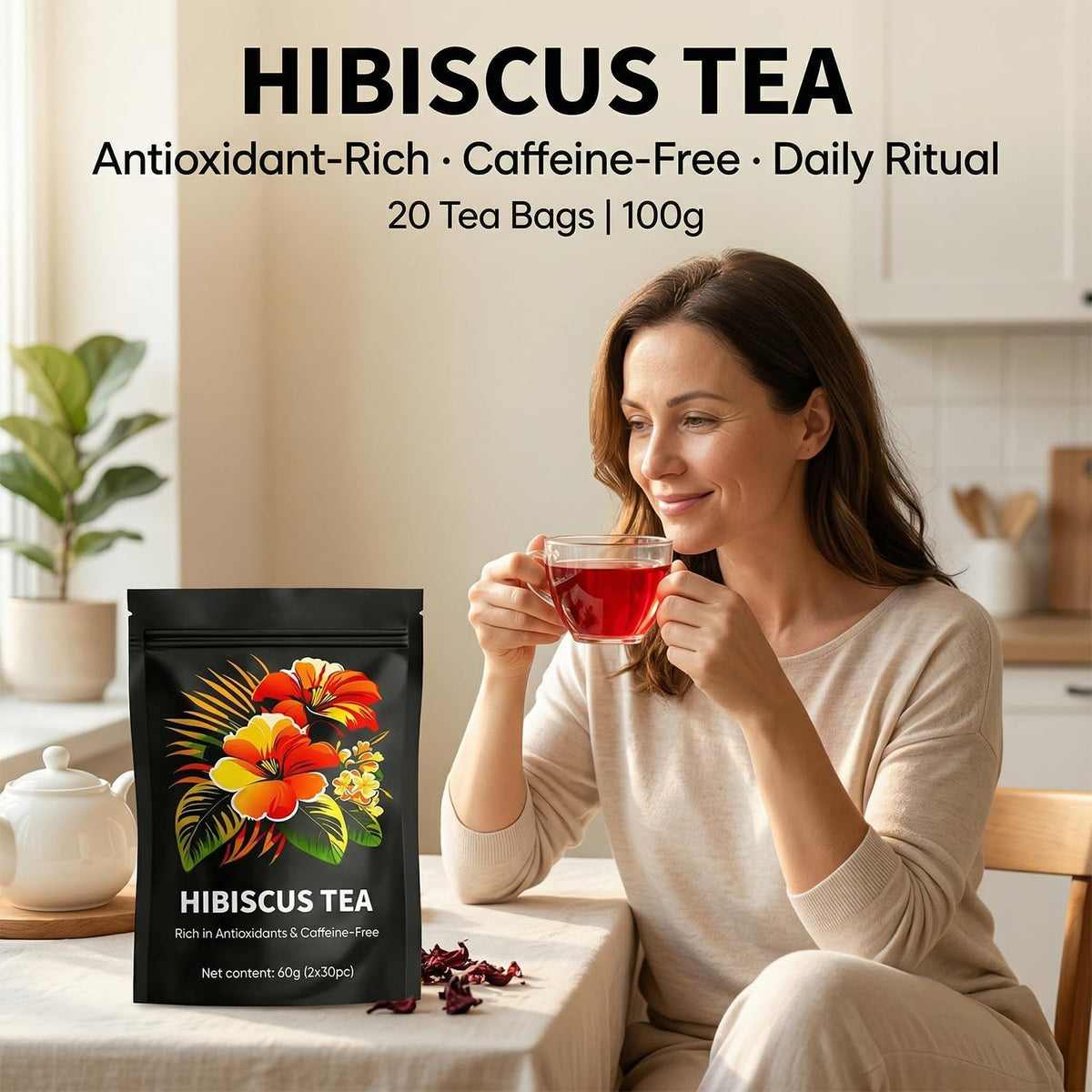 Kranla Hibiscus Tea Bags Close-Up reveals vibrant petals and purity