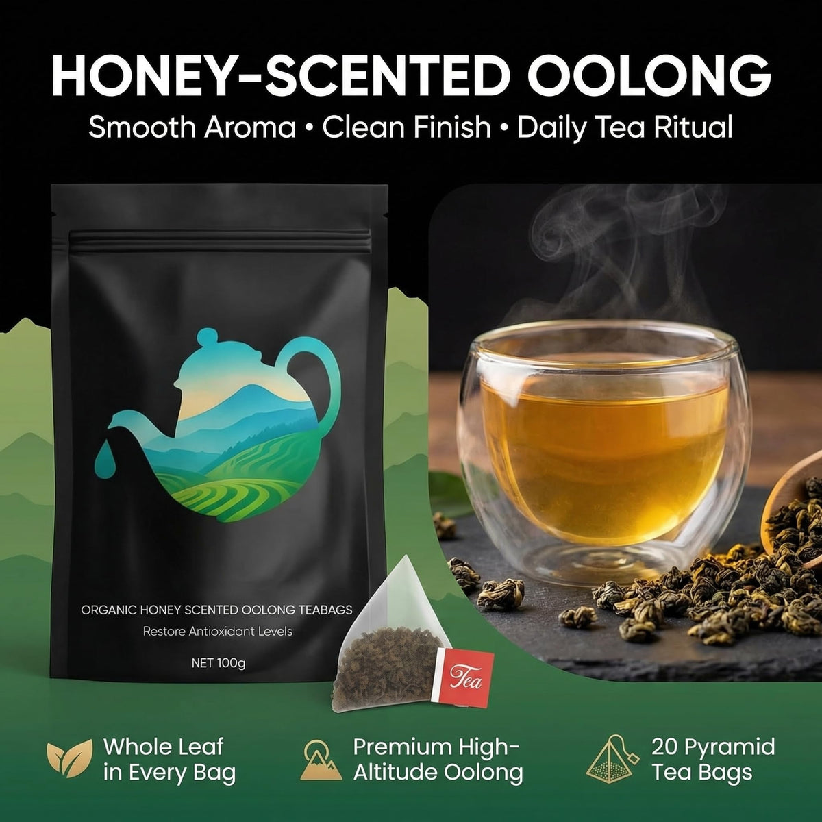 Kranla Oolong tea leaves close-up shows premium whole leaves for authentic flavor