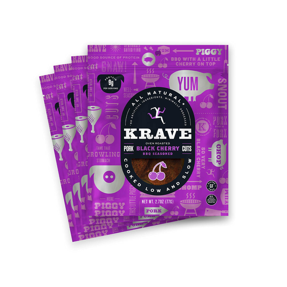 KRAVE all natural pork jerky black cherry BBQ bites for savory protein on the go.