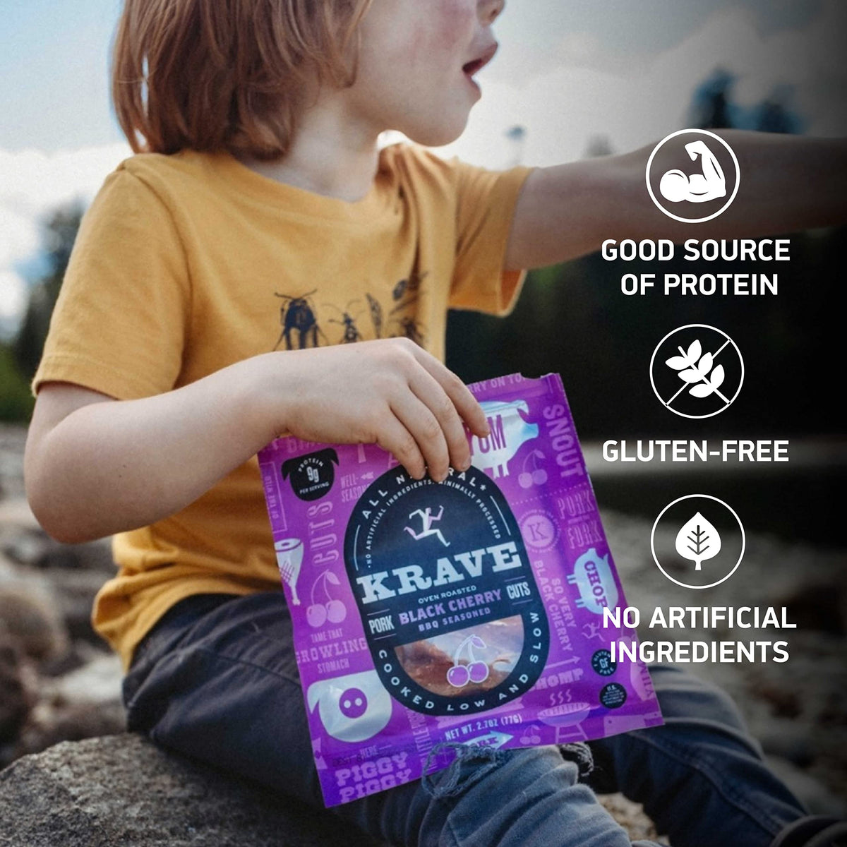 KRAVE pork jerky with black cherry BBQ glaze close-up shows bold flavor.