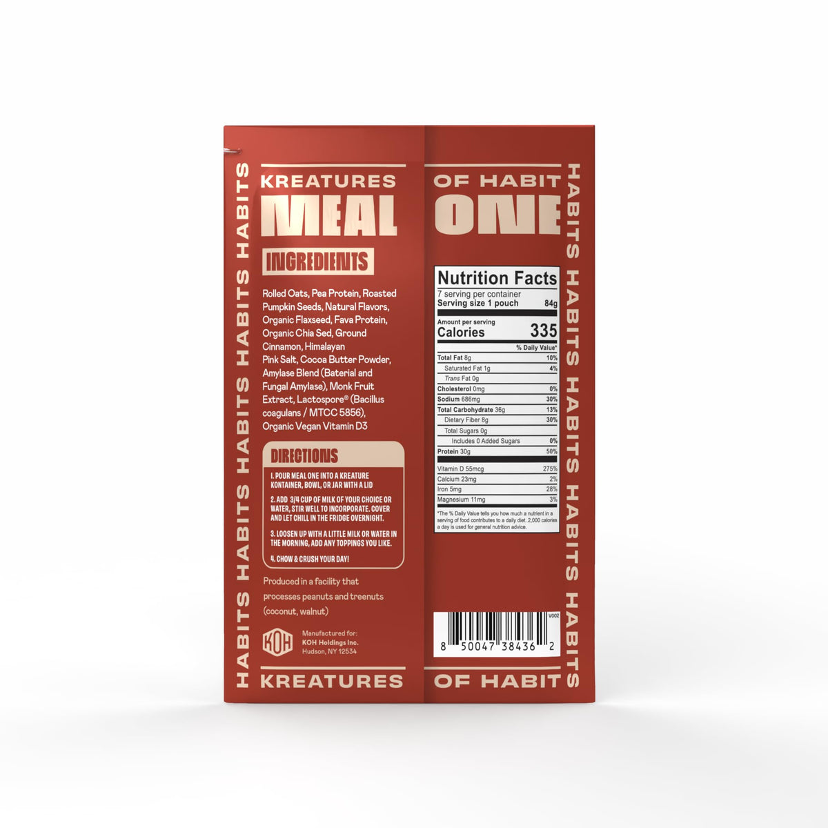 Kreatures of Habit Meal One gluten-free and dairy-free badge signals allergen-friendly nutrition.