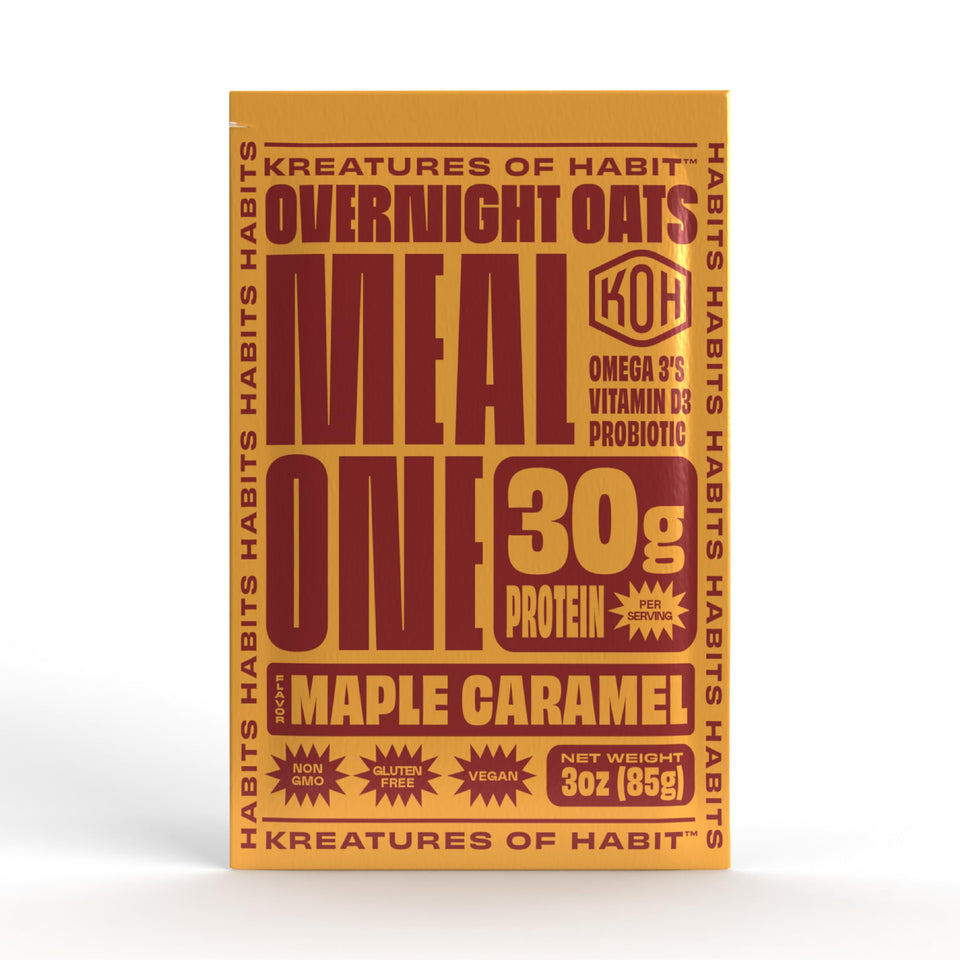 Kreatures of Habit MEAL ONE overnight prep visual shows an easy, prepped breakfast option.