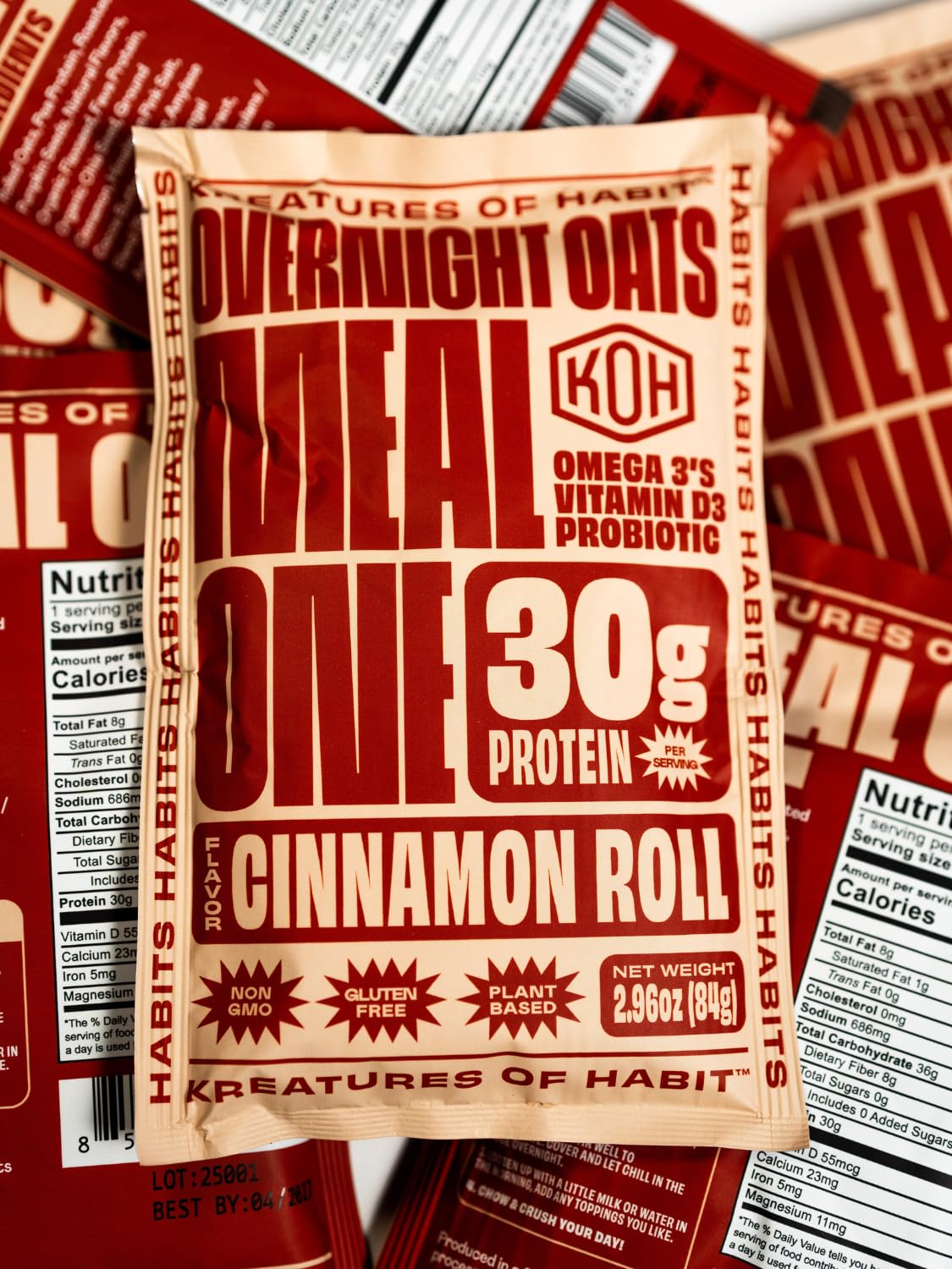 Kreatures of Habit Meal One plant-based protein powder bag ready for mixing.
