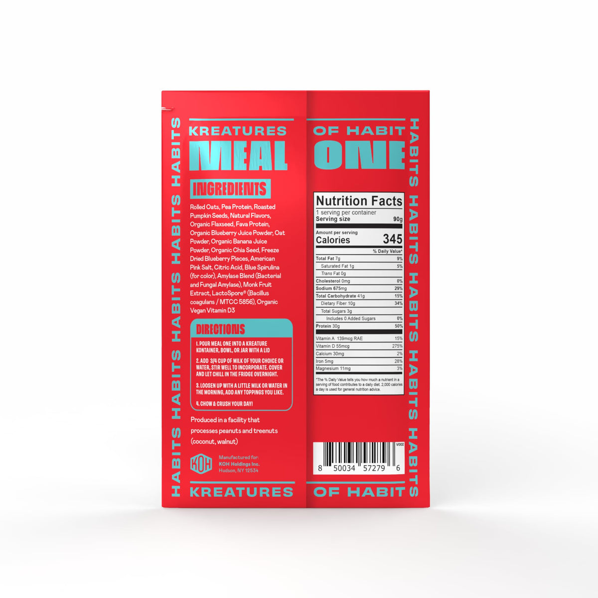Kreatures of Habit MEAL ONE vanilla tub highlights vegan, dairy-free nutrition.