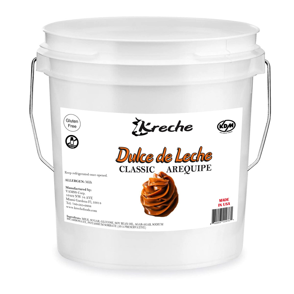 Kreche Dulce de Leche 24lb tub, front view, ideal bulk supply for desserts