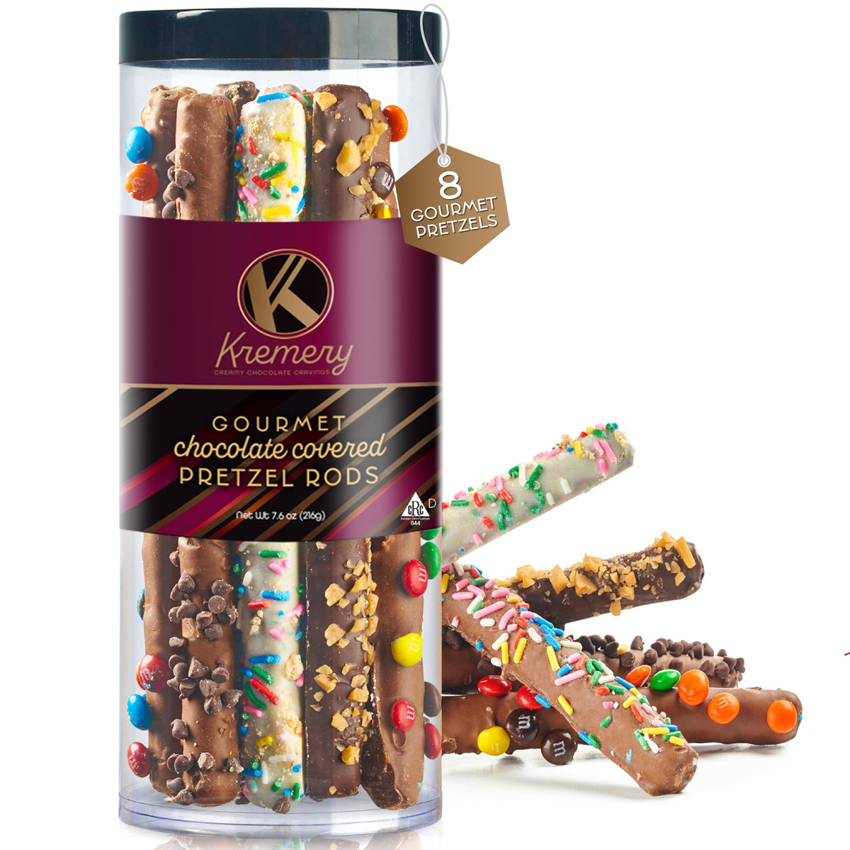 KREMERY Creamy Chocolate Pretzel Rods in a clear tube, perfect for gifting.