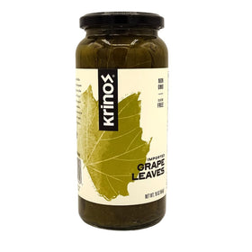 Krinos Grape Leaves jar front view highlights premium pantry staple for quick cooking.