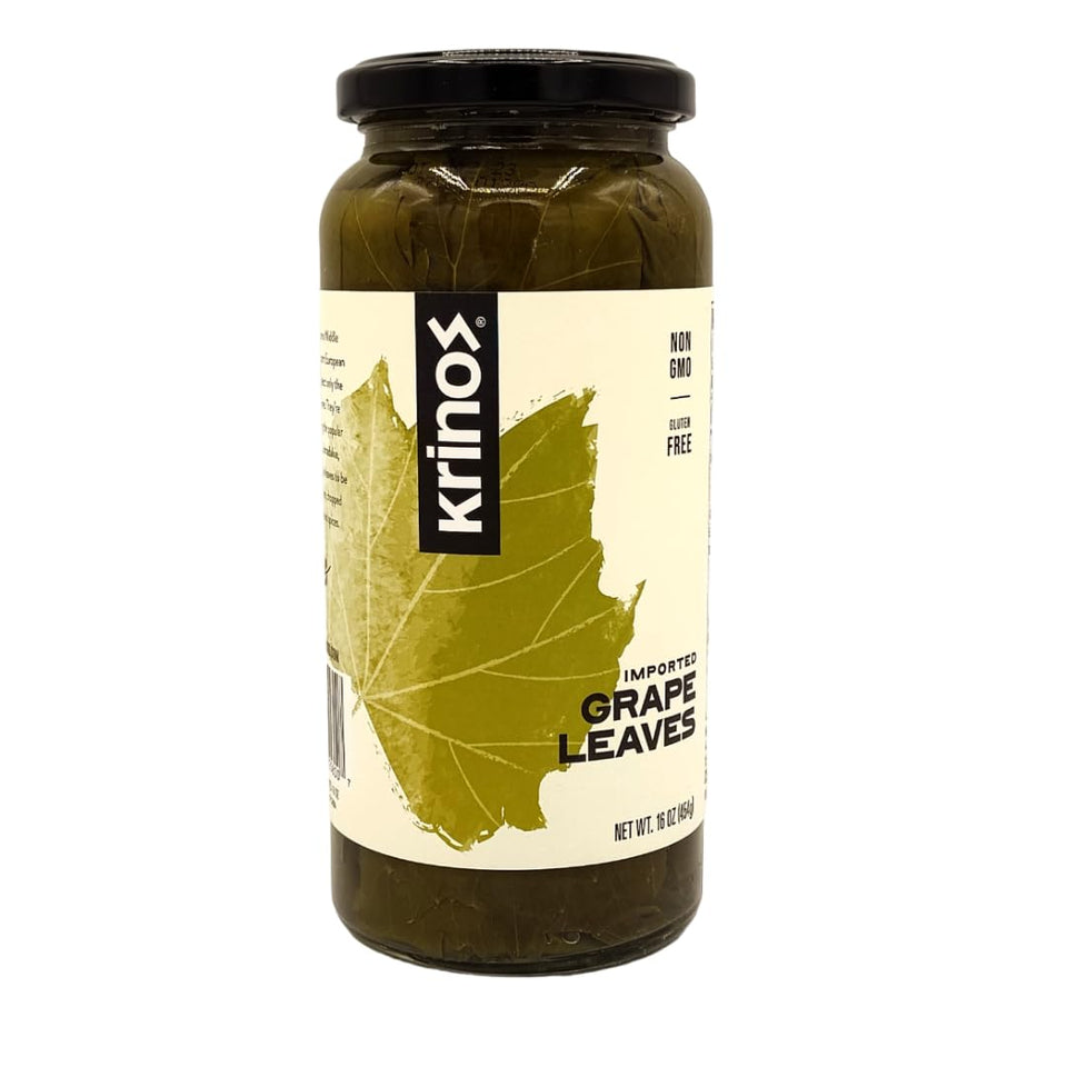 Krinos Grape Leaves jar front view highlights premium pantry staple for quick cooking.