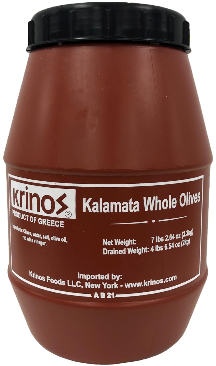 Krinos Kalamata jumbo olives in a jar showing premium size for snacking.