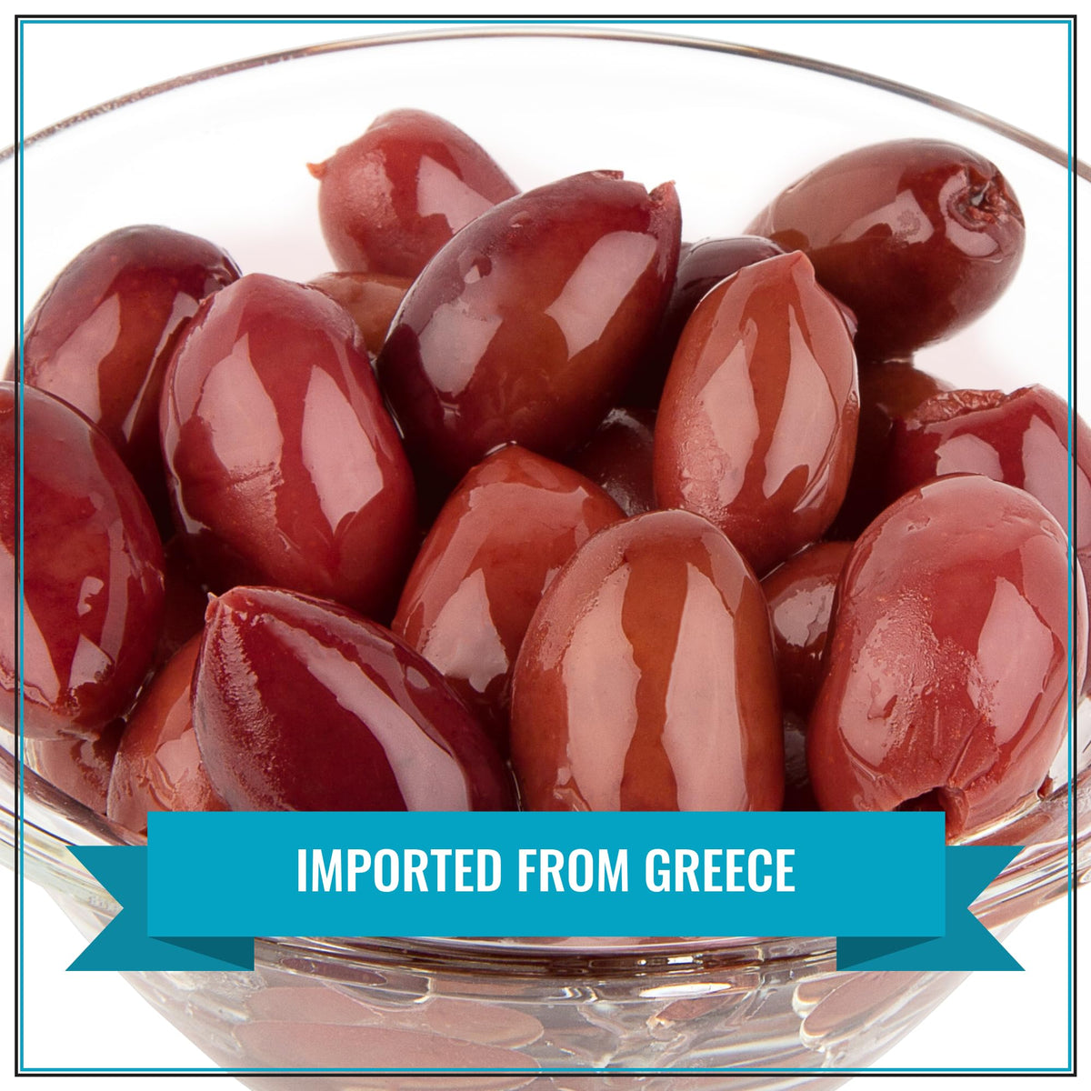 Krinos Kalamata olives in a white bowl ready for serving and dipping.