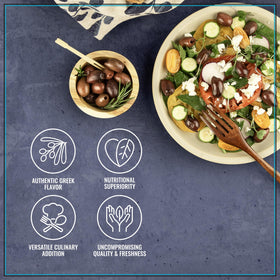 Krinos Kalamata olives on a meze platter for authentic Greek entertaining.