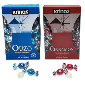 Krinos Ouzo Candy packaging close-up highlights premium natural flavors for gifting