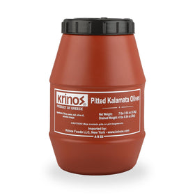 Krinos pitted Kalamata olives 4.4lb pack in a pantry display for quick snacking.