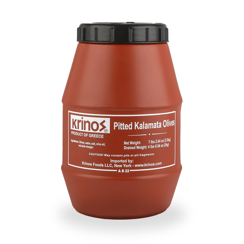 Krinos pitted Kalamata olives 4.4lb pack in a pantry display for quick snacking.