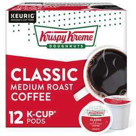 Krispy Kreme Classic coffee pod pack displayed for Keurig machines, easy morning brew