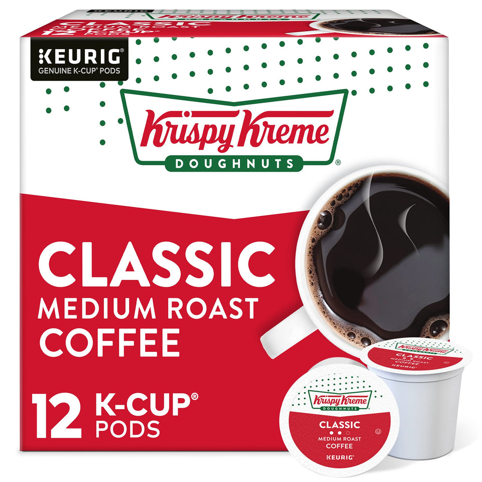 Krispy Kreme Classic coffee pod pack displayed for Keurig machines, easy morning brew