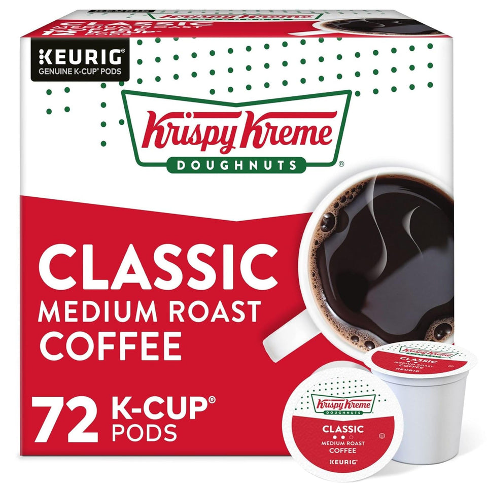 Krispy Kreme Classic coffee pods in packaging, easy to stock for busy mornings.