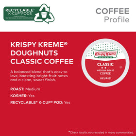 Krispy Kreme Classic Keurig pods packaging back notes 100% Arabica and kosher.