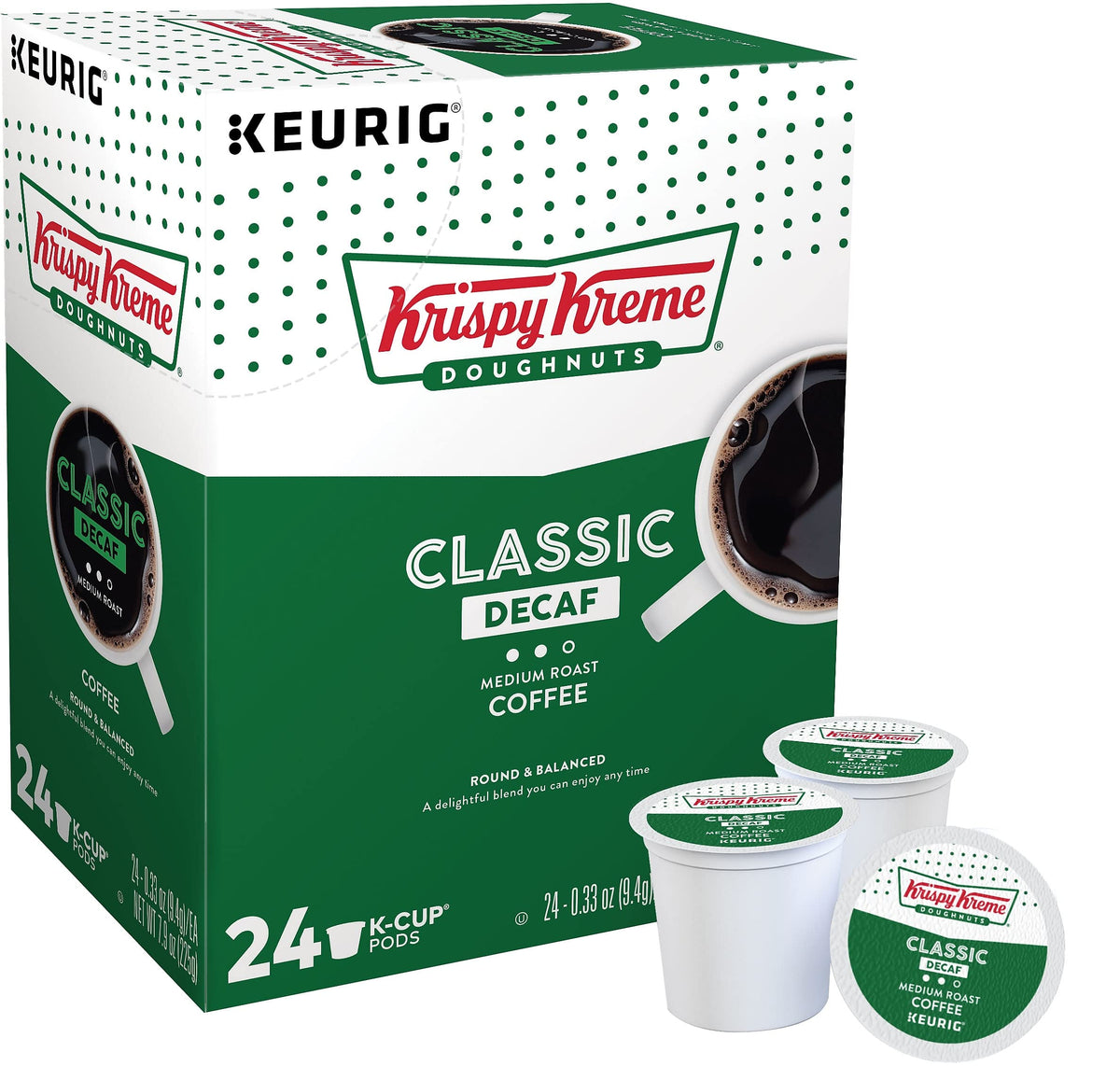 Krispy Kreme Decaf K-Cup 24-pack front view highlighting convenient packaging