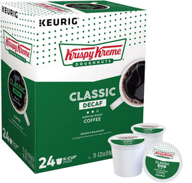 Krispy Kreme Decaf K-Cup 24-pack front view highlighting convenient packaging
