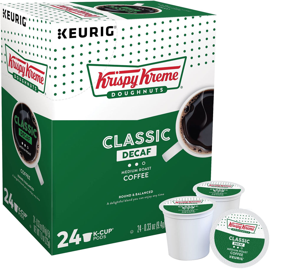 Krispy Kreme Decaf K-Cup 24-pack front view highlighting convenient packaging