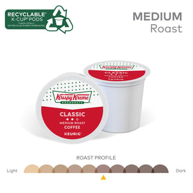 Krispy Kreme coffee box and Keurig machine displaying Keurig pod compatibility