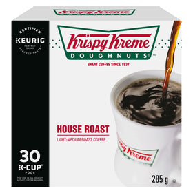 Krispy Kreme Doughnuts Smooth House Roast K-Cup pod on a breakfast setup for quick mornings.